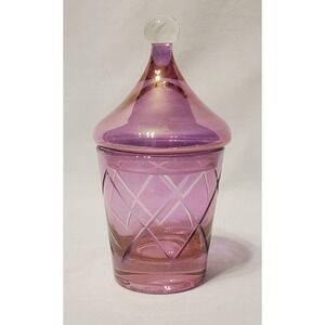 Vintage Purple Rainbow Art Glass Lidded 6" Jar with Hatch Mark Design